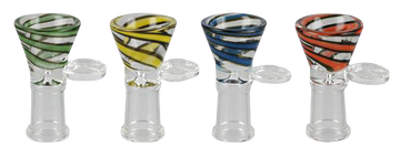 A close-up, angled view of the 14.5mm Color Swirl Herb Slide, showing a glass slide with colorful swirl patterns. - 14.5mm Color Swirl Herb Slide