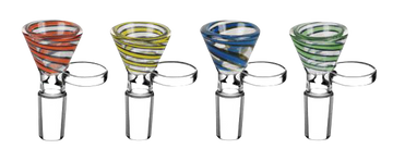 A close-up, angled view of the 14.5mm Color Swirl Herb Slide, showing its colorful swirl pattern against a plain white background. - 14.5mm Color Swirl Herb Slide