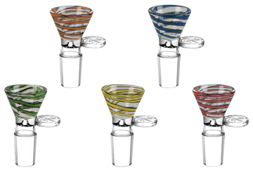 Front view of the 14.5mm Color Swirl Herb Slide, showing a clear glass slide with colorful swirls and a standard joint size. - 14.5mm Color Swirl Herb Slide