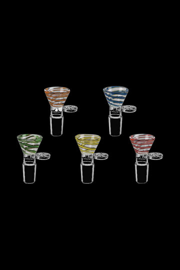 A studio shot of the 14.5mm Color Swirl Herb Slide, displaying a colorful swirl pattern on clear glass, viewed from a slightly angled perspective. - 14.5mm Color Swirl Herb Slide