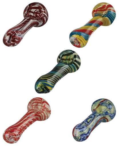 Front view of the 3.25” Small Portable Color Swirl Spoon Pipe, showcasing a vibrant swirl pattern in its compact design.