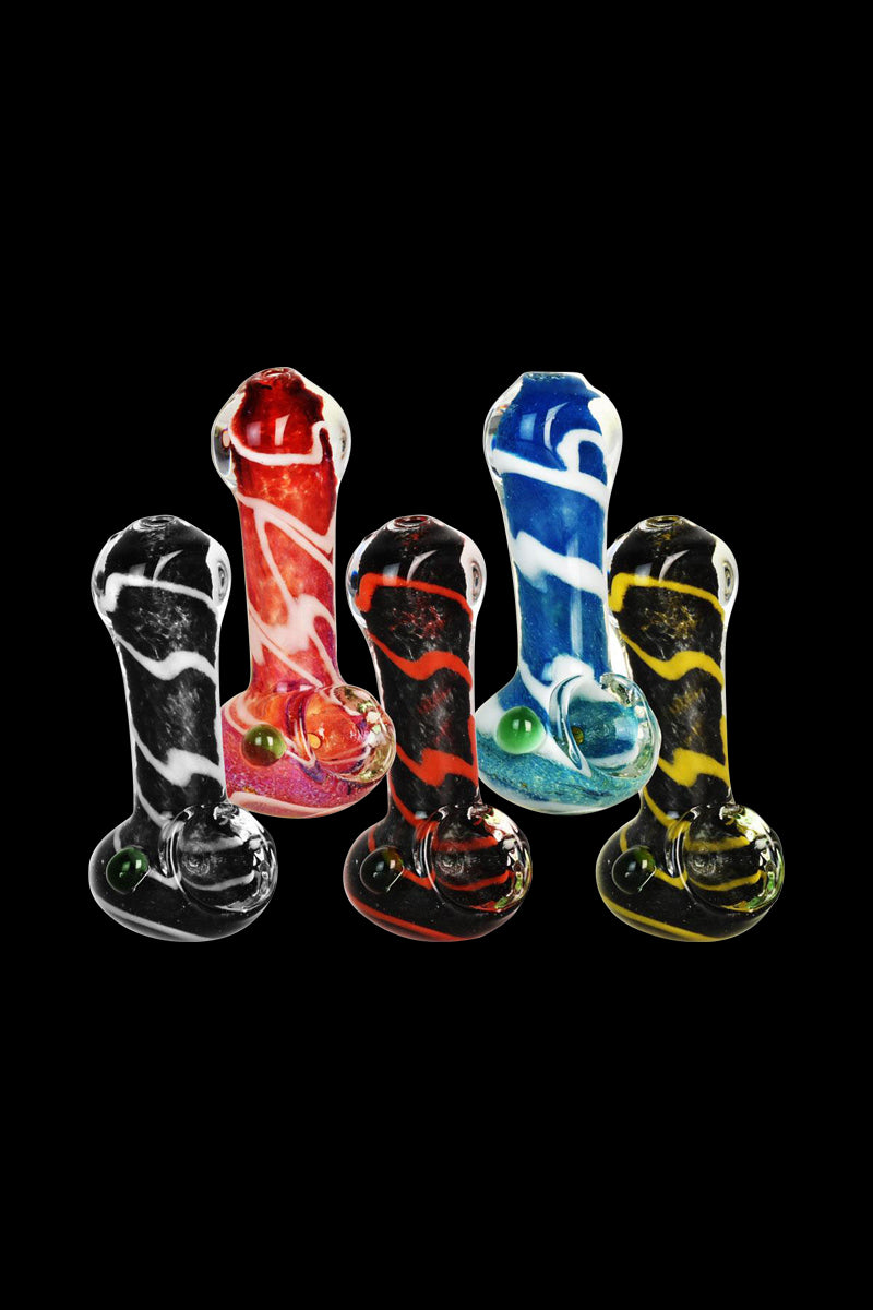 A front view of the Colorful Worked Striped Spoon Pipe, featuring vibrant, colorful stripes on the glass bowl.