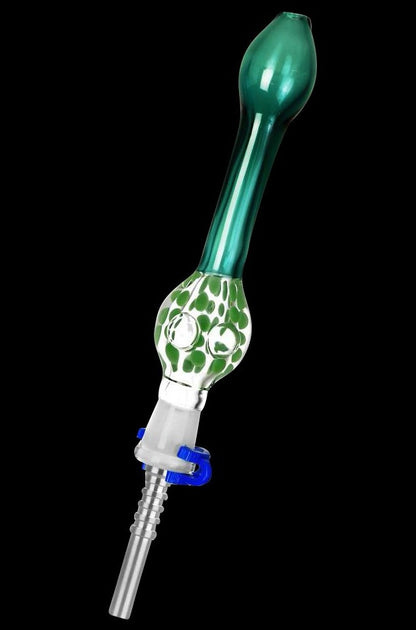 A close-up view of the Confetti Bubble Dab Straw with a clear glass body and colorful confetti-like accents.