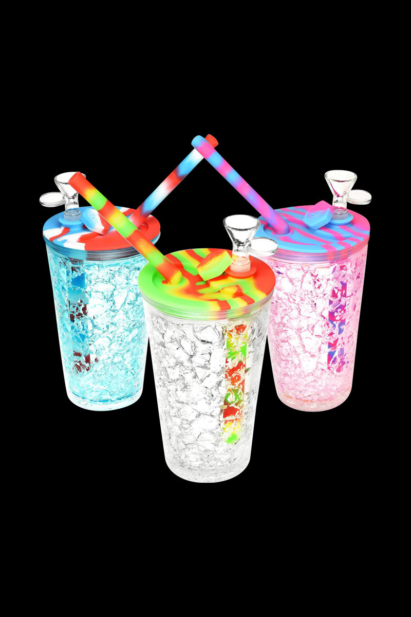 A front view of three translucent Travel Cup Bubbler - Cooling Freeze cups, arranged closely on a black background.