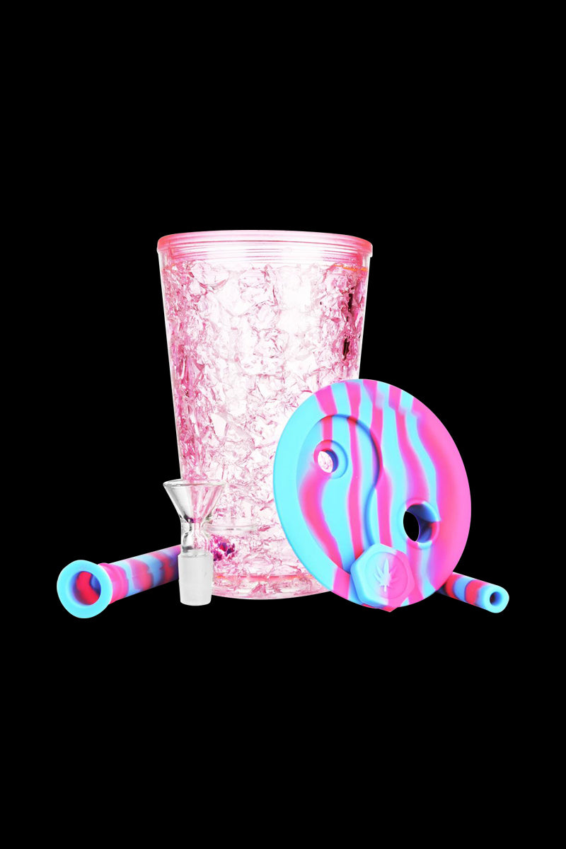 Front view of the Travel Cup Bubbler - Cooling Freeze, showcasing its clear construction and rounded form against a dark backdrop.