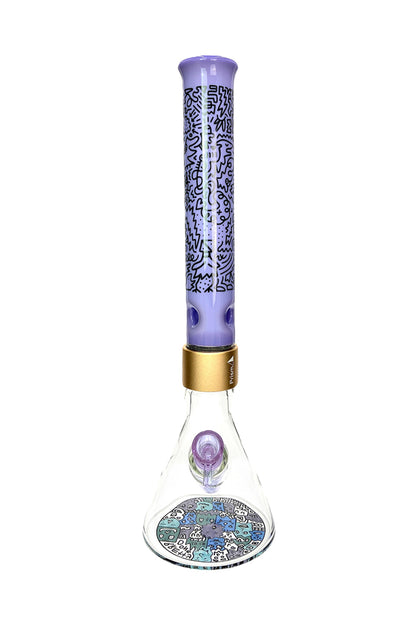 Purple glass water pipe with abstract doodle pattern and gold accent.