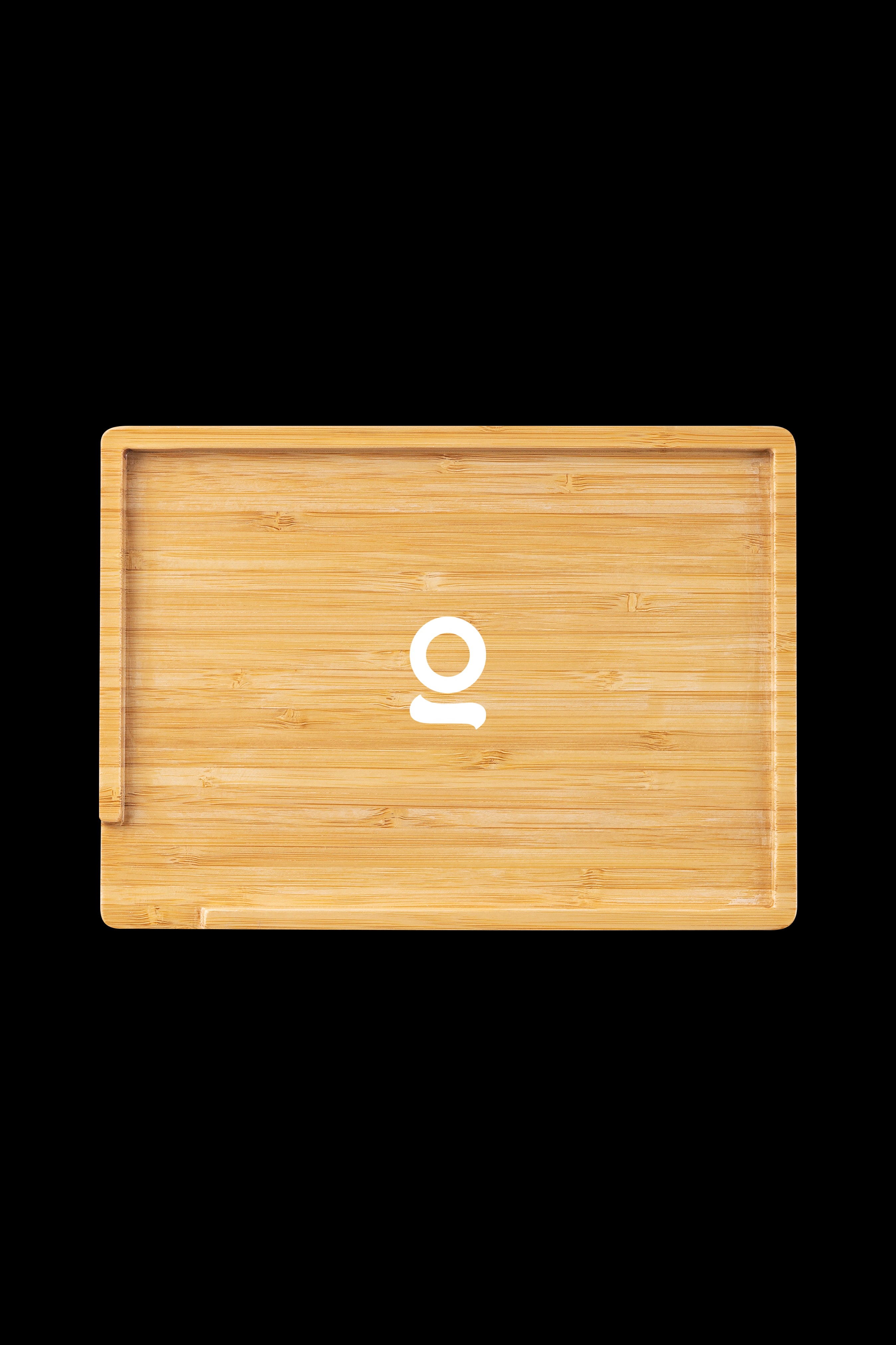 Bamboo rolling tray with a white cannabis leaf logo.
