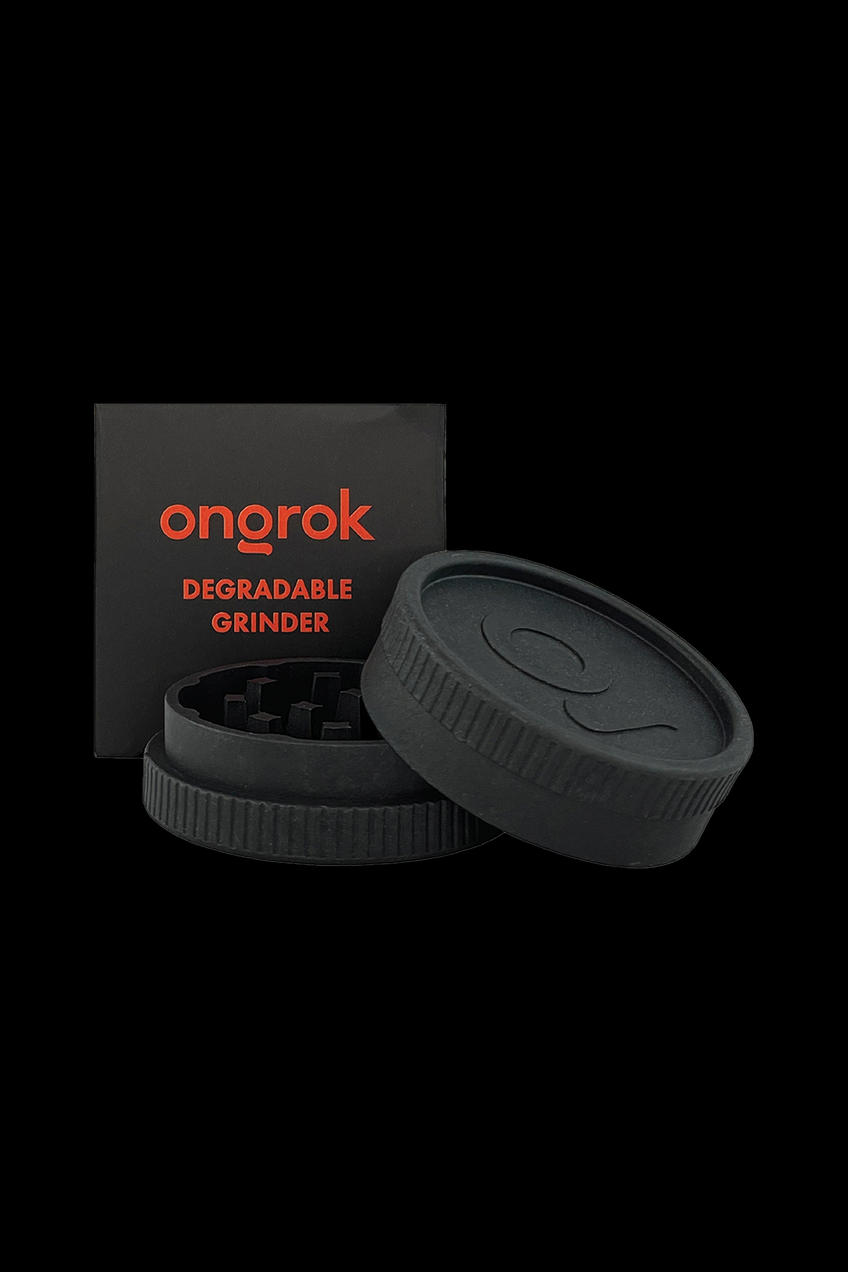 Black, three-piece cannabis grinder with “ongrok” and “DEGRADABLE GRINDER” text on a black card backdrop.