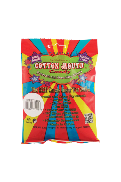 Front view of the Cotton Mouth Candy Snack packaging, displaying bold lettering and certification seals against a bright yellow background.