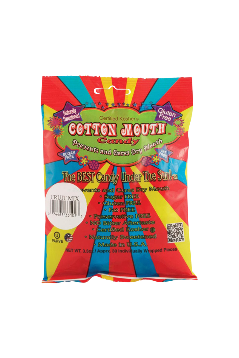 Front view of the Cotton Mouth Candy Snack packaging, displaying bold lettering and certification seals against a bright yellow background.