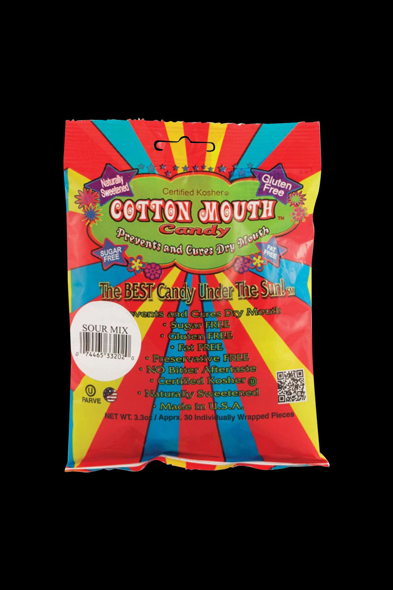 Front view of the Cotton Mouth Candy Snack package featuring colorful text and certifications against a white background.