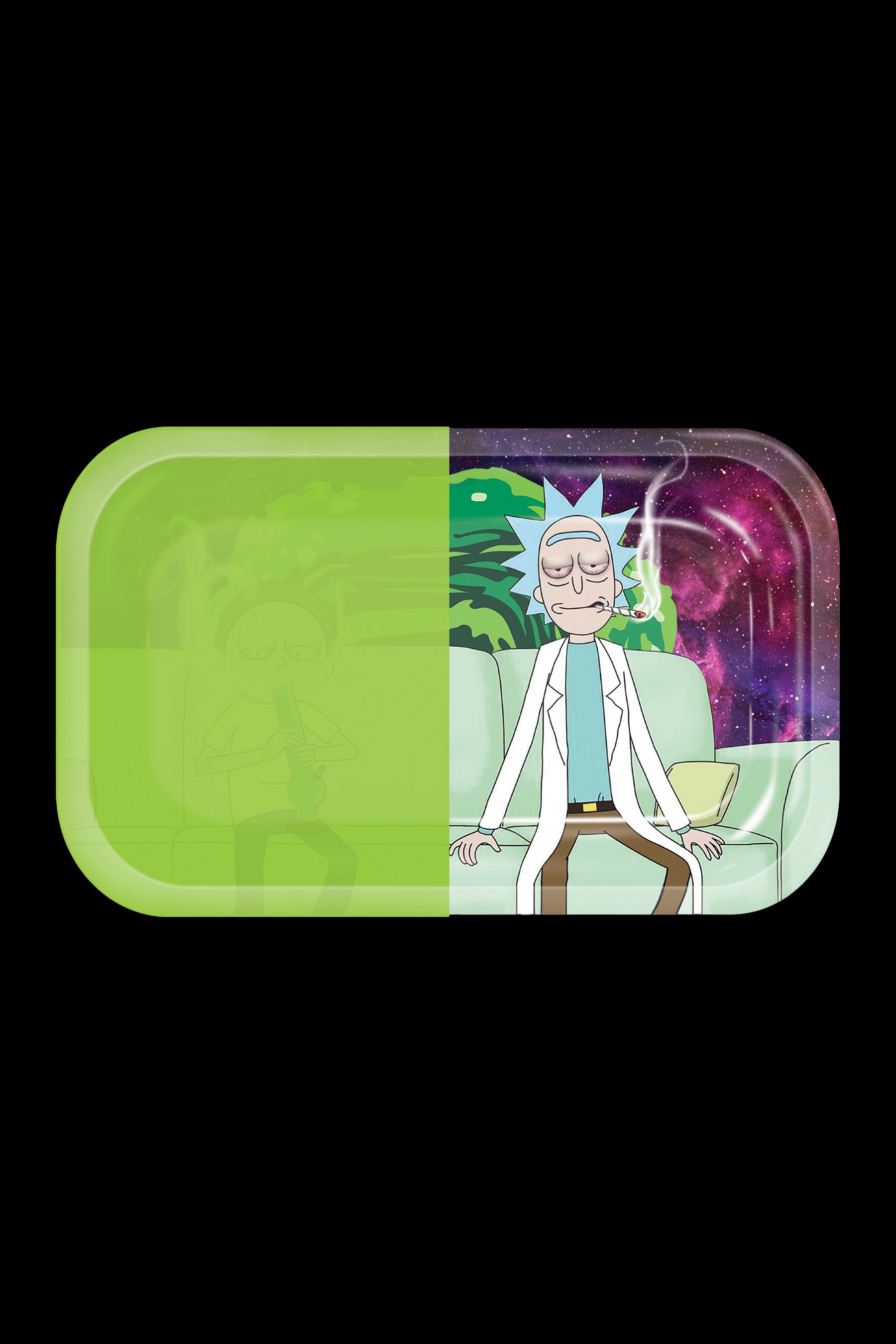 Rectangular metal rolling tray featuring Rick Sanchez from *Rick and Morty* lounging on a couch against a cosmic background, one half solid lime green.