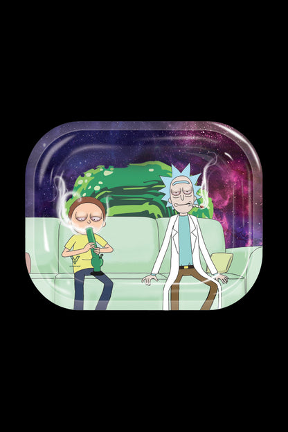 Rick and Morty rolling tray featuring the characters smoking in a cosmic scene.