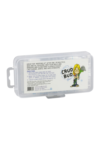 A close-up of the Crud Bud Alcohol Filled Cotton Buds packaging, showing a blue plastic container with product instructions.