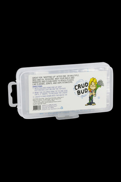 A close-up of the Crud Bud Alcohol Filled Cotton Buds packaging, displaying text and branding against a white backdrop.