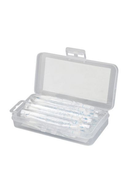 Opened container displaying the Crud Bud Alcohol Filled Cotton Buds arranged neatly inside, captured from a slightly overhead angle.