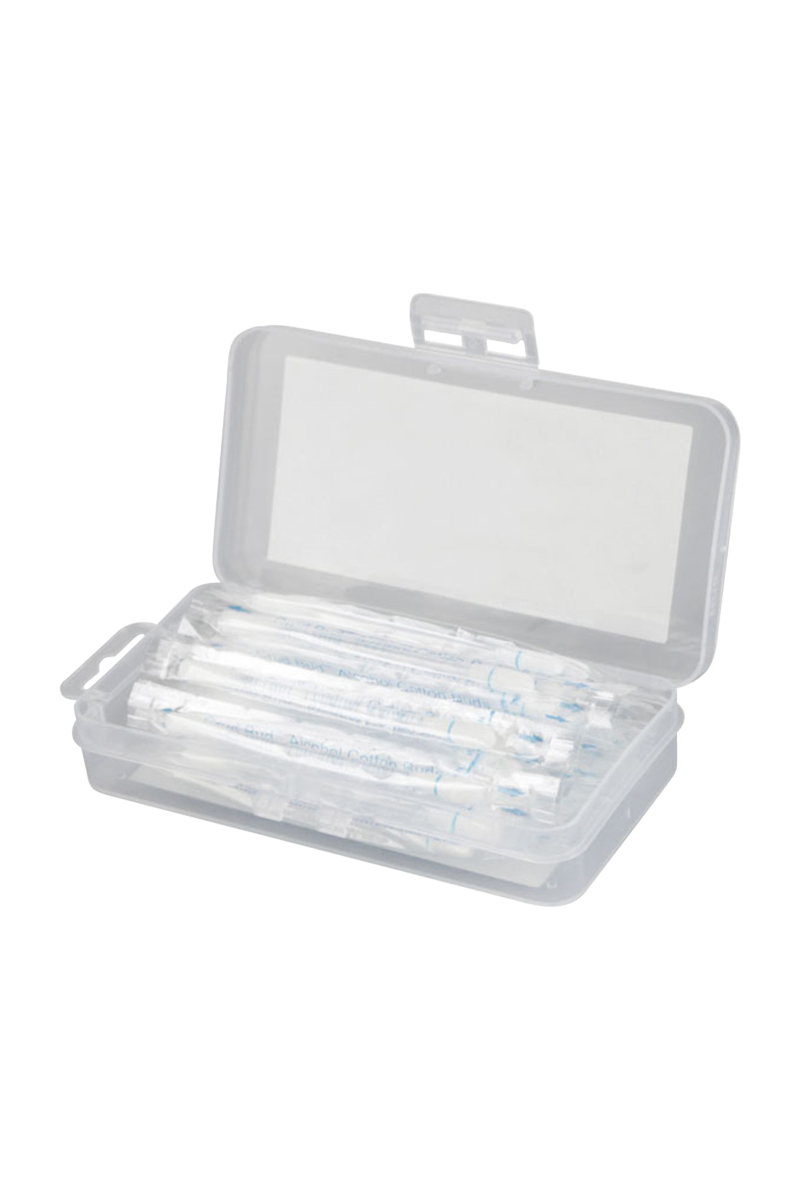 Opened container displaying the Crud Bud Alcohol Filled Cotton Buds arranged neatly inside, captured from a slightly overhead angle.