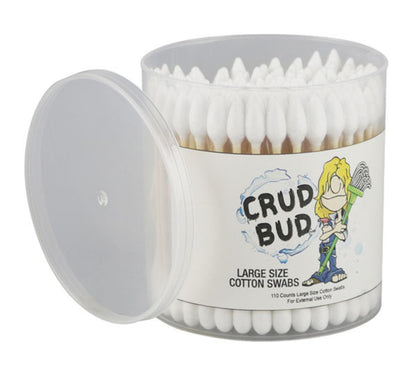 Angled front view of a clear plastic tub filled with white cotton swabs labeled "Crud Bud Cotton Swabs Tips 5.00% Off Auto renew" showing the cartoon logo and loose lid beside it.