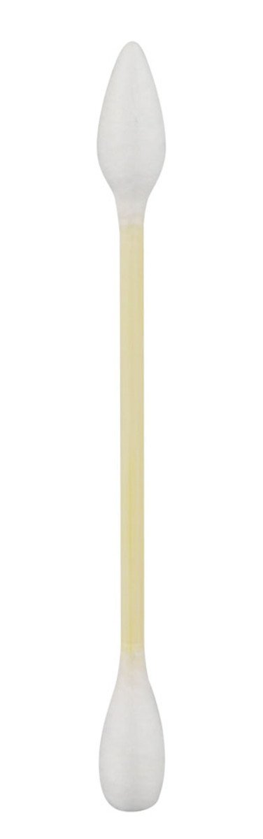 Centered vertical studio view of a single Crud Bud Cotton Swabs Tips 5.00% Off Auto renew swab with white tapered cotton ends and a pale yellow stick on a white background