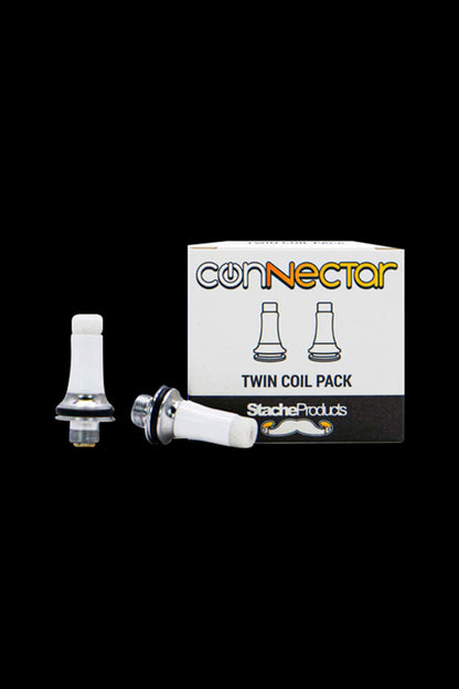 Cannabis vape coil pack with two metal coils and packaging labeled “Connector Twin Coil Pack” by StacheProducts.