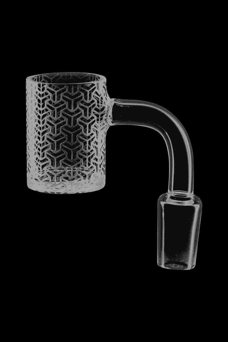 A close-up, angled view of the Cube Stack Tessellation Etched Quartz Banger, displaying its detailed, geometric etching.