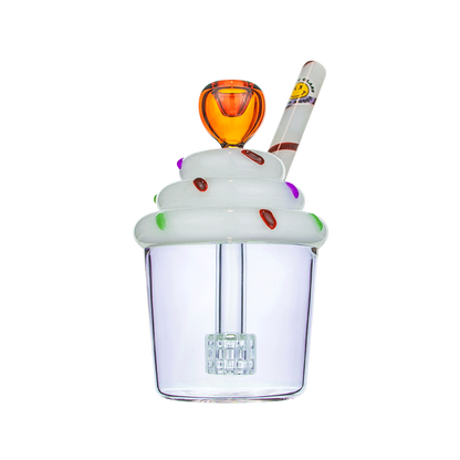 Front view of the Goody Cupcake Bubbler, a clear glass bubbler resembling a frosted cupcake with a colorful, swirled topper.