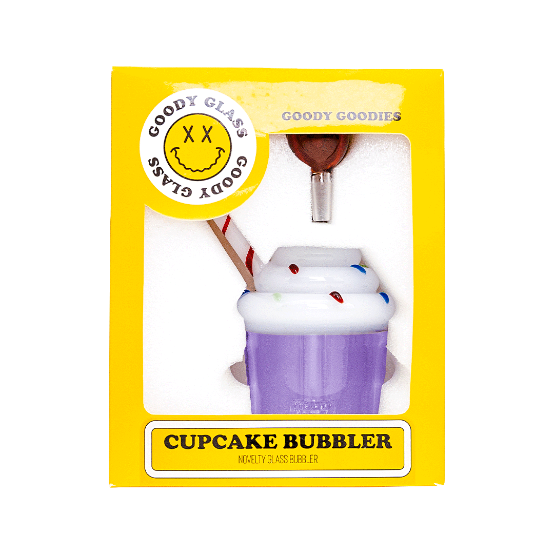 Front view of the Goody Cupcake Bubbler, a clear glass piece with a rounded base and simple, clean design.