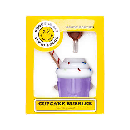 Front view of the Goody Cupcake Bubbler, a clear glass piece with a rounded base and simple, clean design.