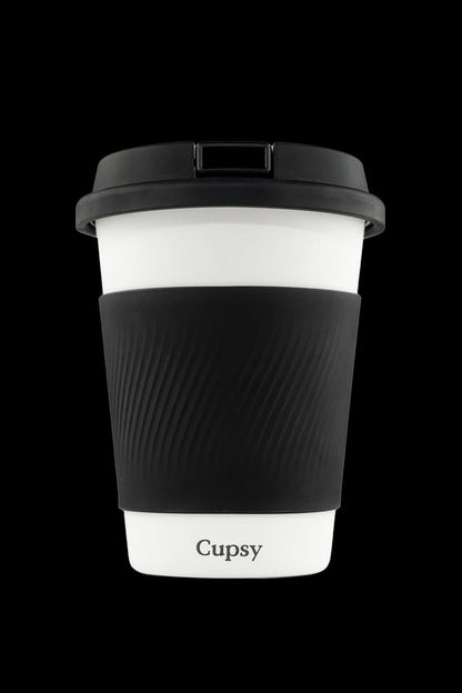 Black and white “Cupsy” cannabis container with a secure lid.
