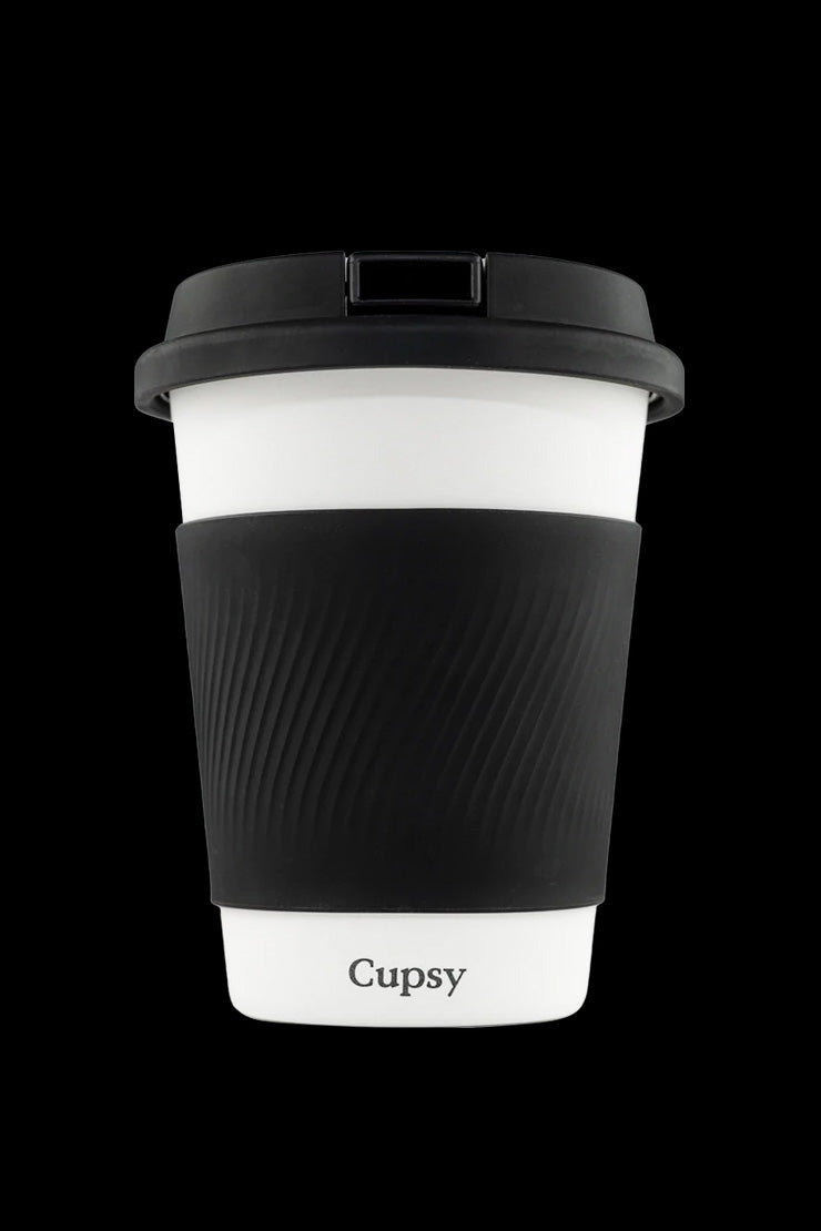 Black and white “Cupsy” cannabis container with a secure lid.