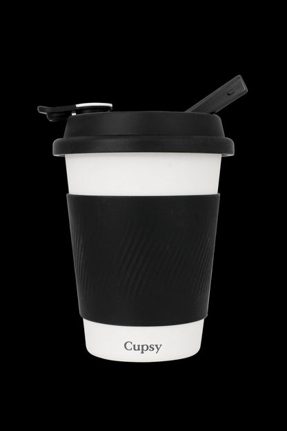 Black and white cannabis smoking device with a silicone grip and lid.