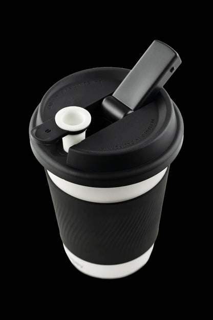 Black cannabis travel mug with a sliding lid.