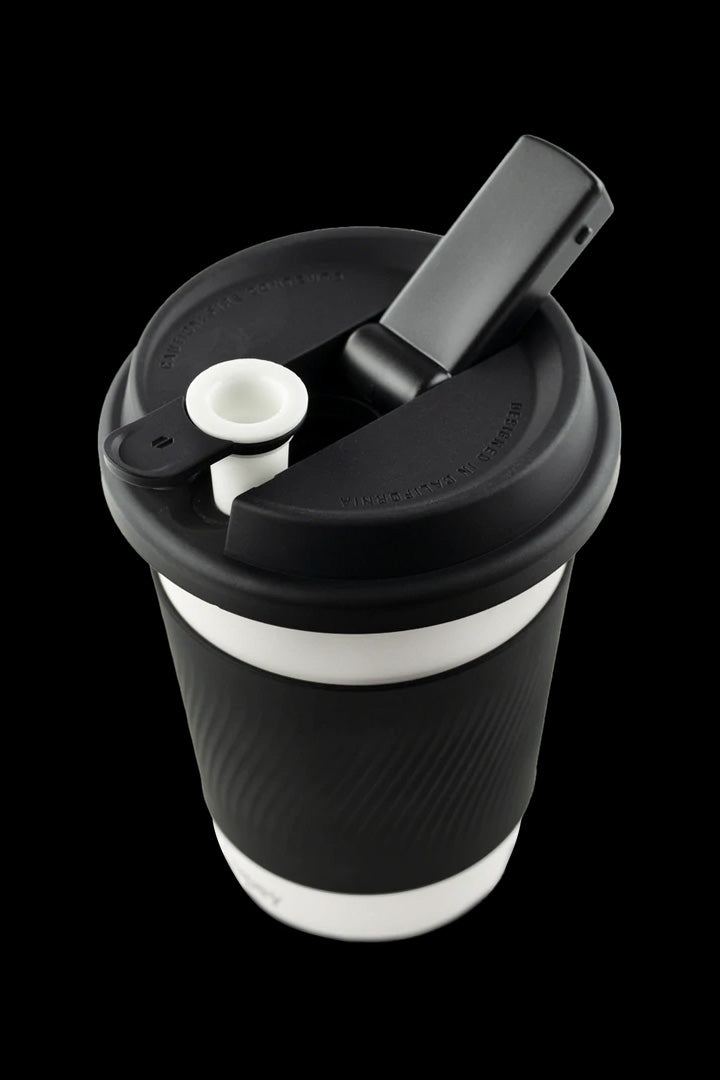 Black cannabis travel mug with a sliding lid.
