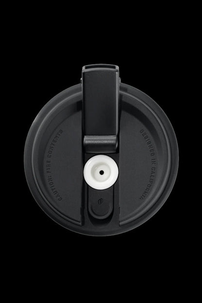 Black cannabis storage container lid with silicone seal.