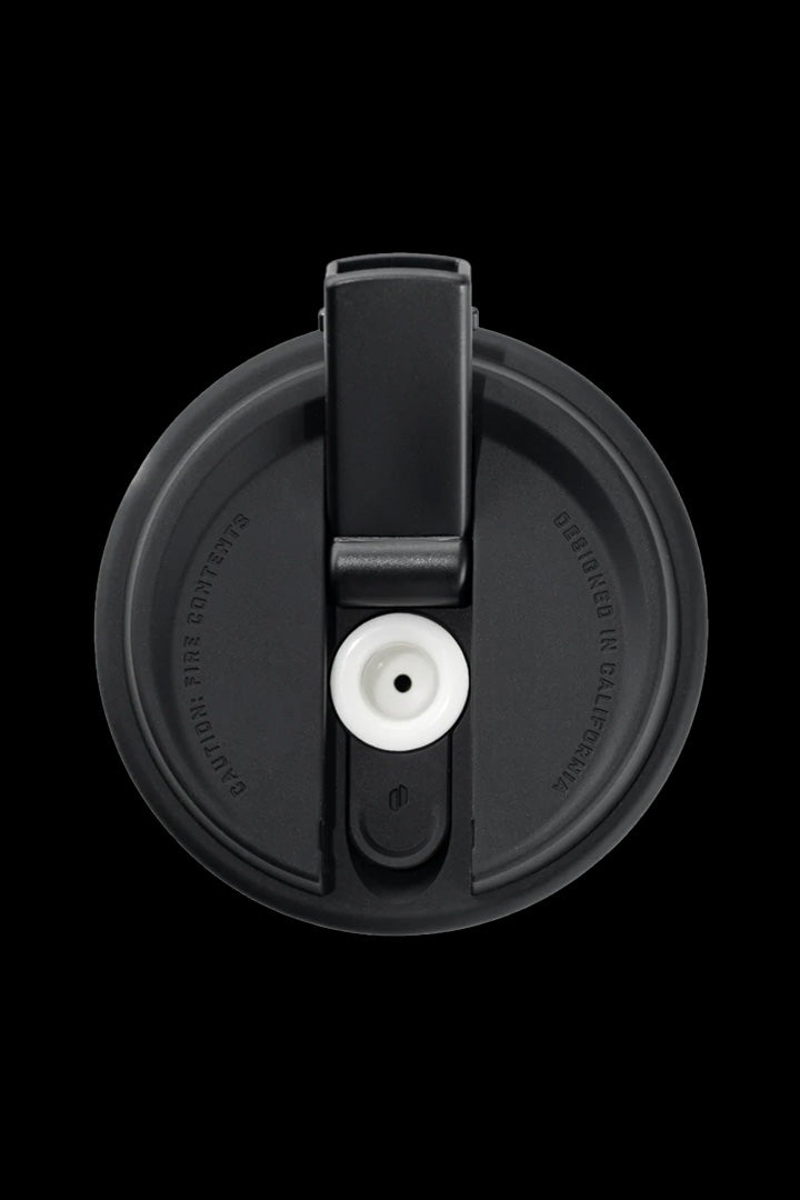 Black cannabis storage container lid with silicone seal.