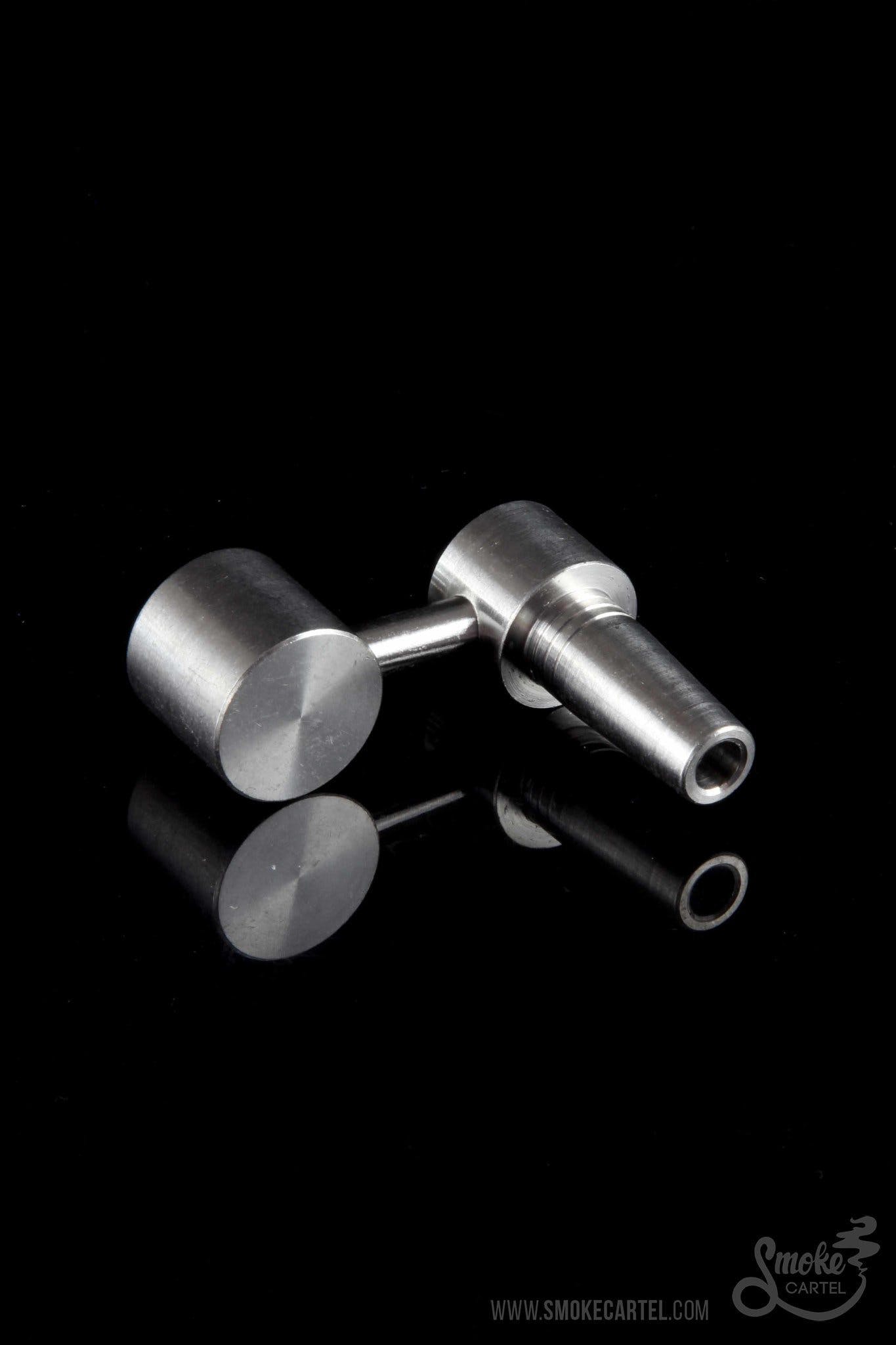A studio shot of the 10mm Male Sidearm Style Domeless Titanium Nail, angled to highlight its metallic sheen and minimalist design.
