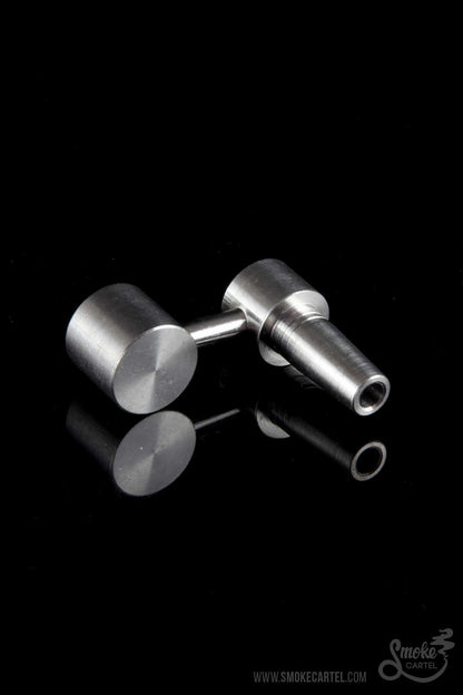 A studio shot of the 10mm Male Sidearm Style Domeless Titanium Nail, angled to highlight its metallic sheen and minimalist design.