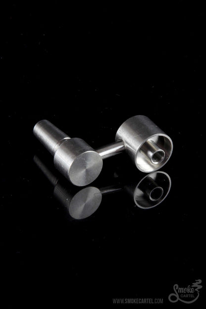 A close-up, angled view of the 10mm Male Sidearm Style Domeless Titanium Nail, showcasing its metallic sheen and minimalist design.