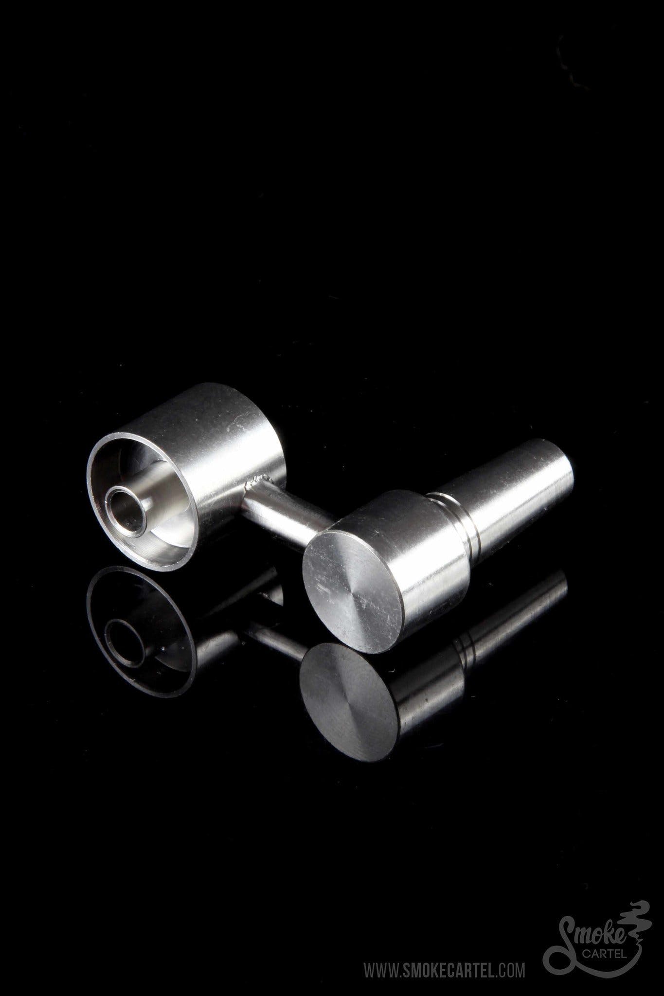 A sleek, angled studio shot of the 10mm Male Sidearm Style Domeless Titanium Nail, showcasing its metallic sheen on a dark surface.