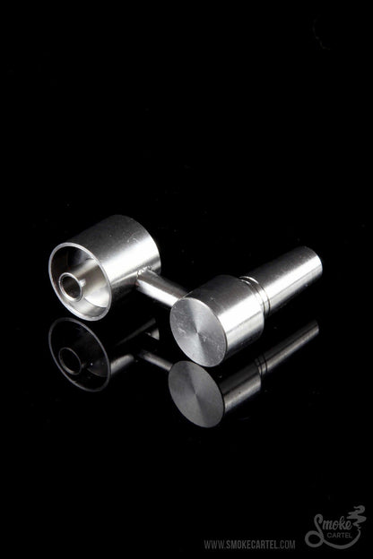 A sleek, angled studio shot of the 10mm Male Sidearm Style Domeless Titanium Nail, showcasing its metallic sheen on a dark surface.