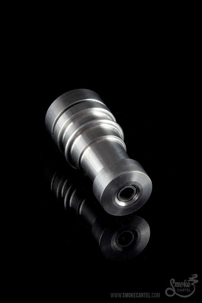 Silver titanium nail for vaporizing cannabis concentrates, with base separated below.