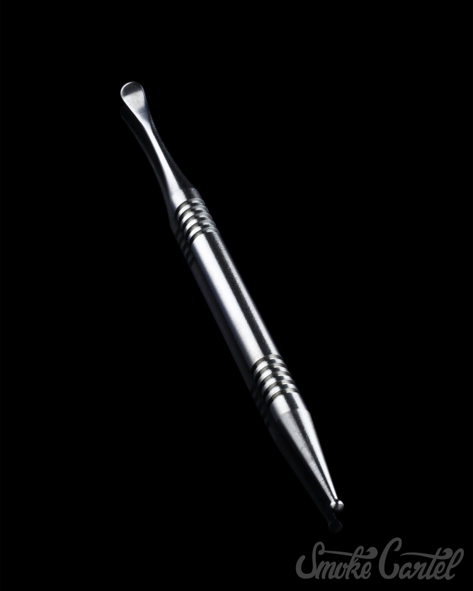A close-up, angled view of the 4" Titanium Grade 2 Dual End Dabber Tool, highlighting its polished metal finish.