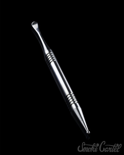A close-up, angled view of the 4" Titanium Grade 2 Dual End Dabber Tool, highlighting its polished metal finish.