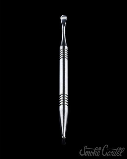 A close-up of the "4" Titanium Grade 2 Dual End Dabber Tool, showcasing its silver metallic finish and pointed tip.