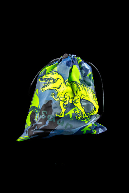 Neon green and blue drawstring bag with a dinosaur and cannabis leaf pattern.