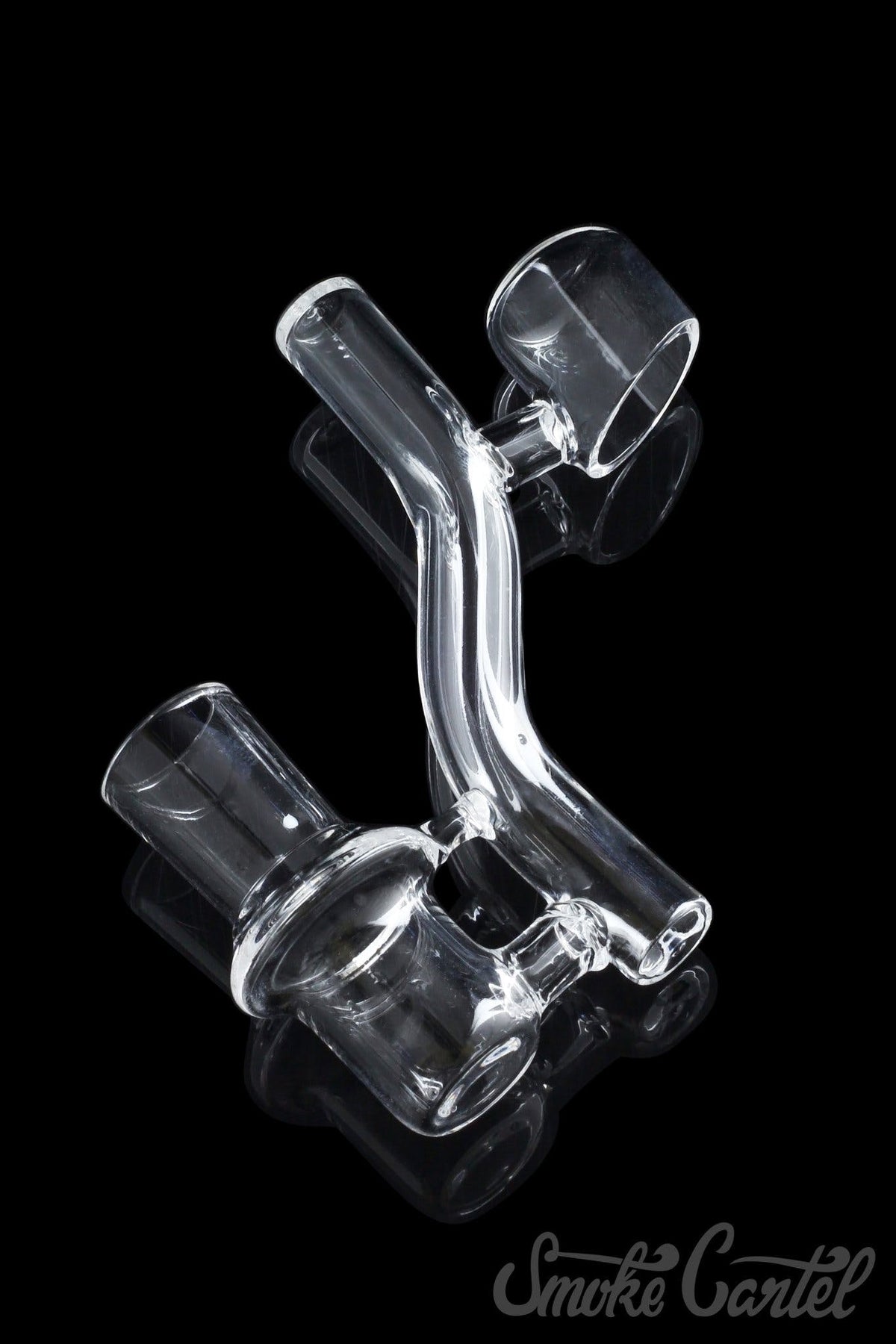 A close-up, angled view of the Dropdown Quartz Reclaimer, showcasing its clear glass construction and rounded design.