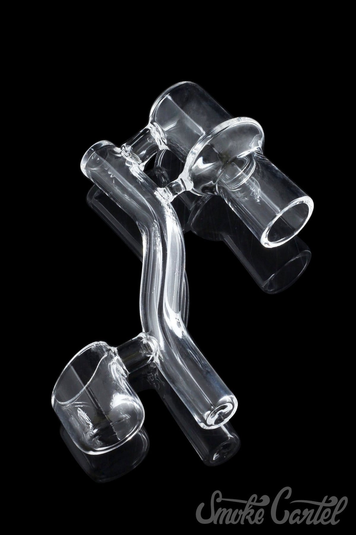 A close-up, angled view of the Dropdown Quartz Reclaimer, showcasing its clear glass construction and curved design.