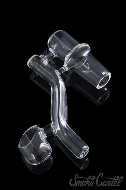 A close-up of the Dropdown Quartz Reclaimer, angled to show its clear glass construction and curved shape.