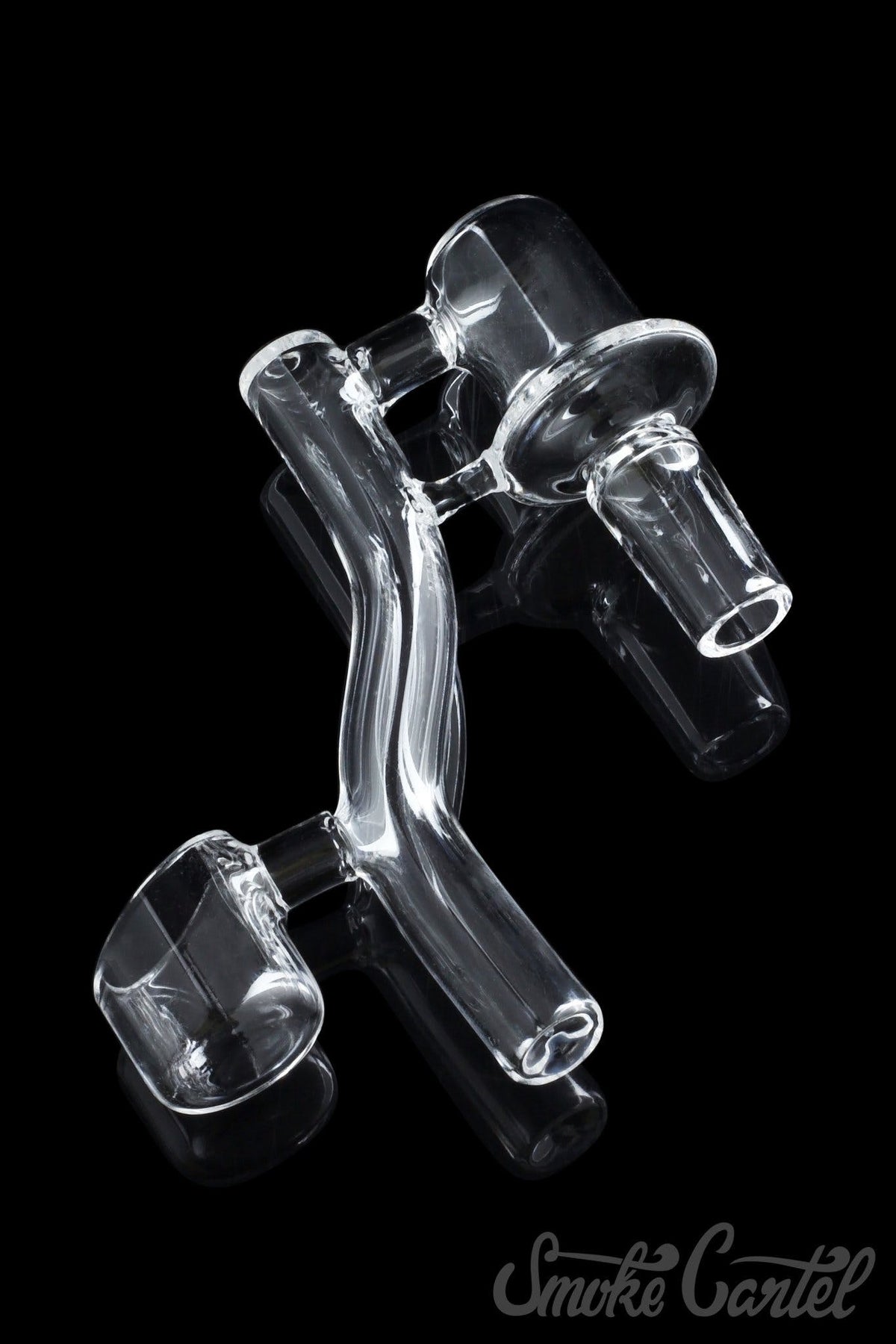 A studio shot of the Dropdown Quartz Reclaimer, displaying its clear glass construction and curved design against a black backdrop.