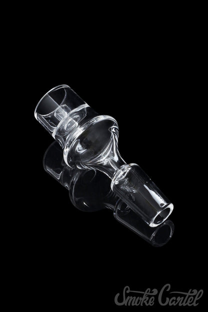 A close-up shows the Domeless Quartz Nail for Heating Coils, angled against a dark background, highlighting its clear quartz construction.
